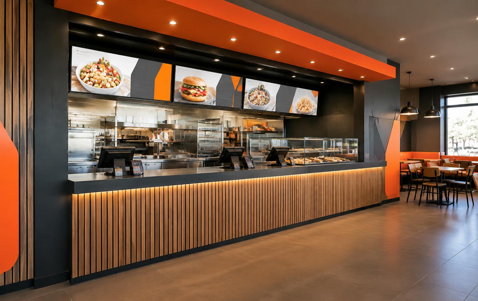 Modern quick-service restaurant counter interior