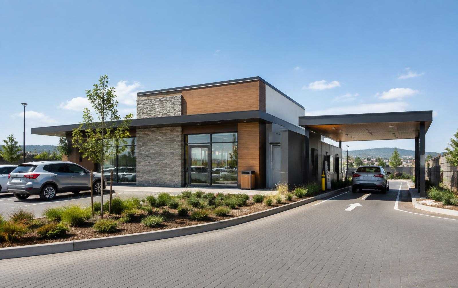 Modern quick-service restaurant drive-through exterior